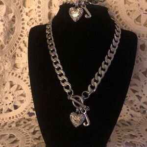 NWOT Vintage Juicy Couture Silver Banner Heart Crystal Adornded Set